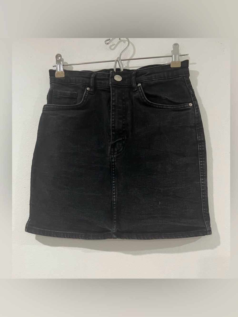 Zara Black Mini Denim Skirt pockets zip button M